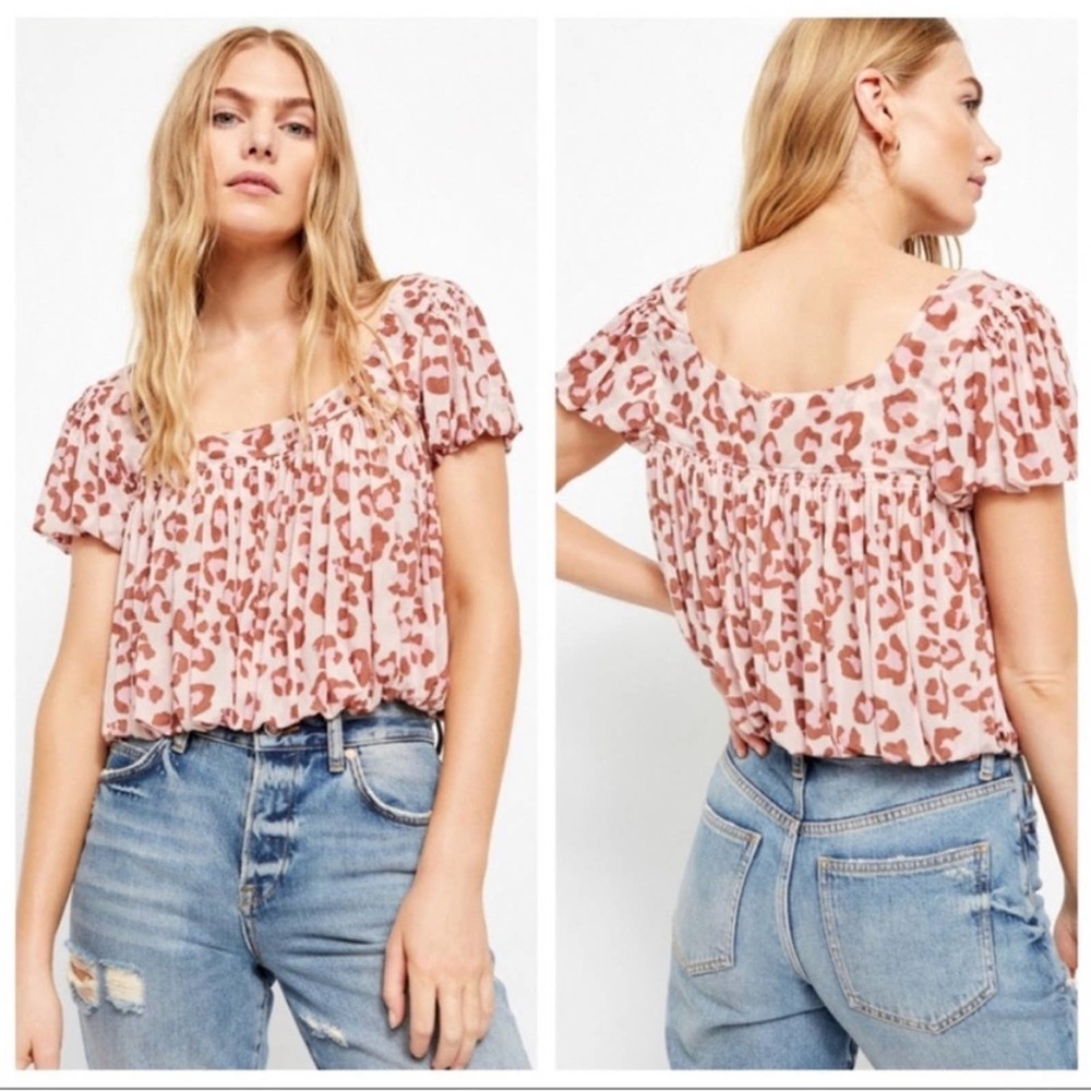 Free People Meg’s Blouse Leopard Print Cropped Bubble Hem Top Shirt